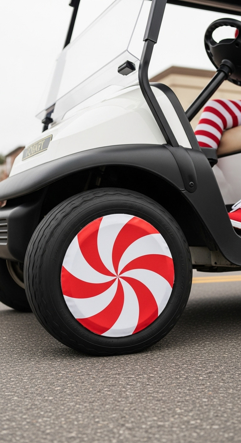 13 Candy Land Christmas Golf Cart Parade Ideas Candy Land Christmas Golf Cart Whirling Peppermint Wheels With Red And White Swirl Design In Motion On A Street