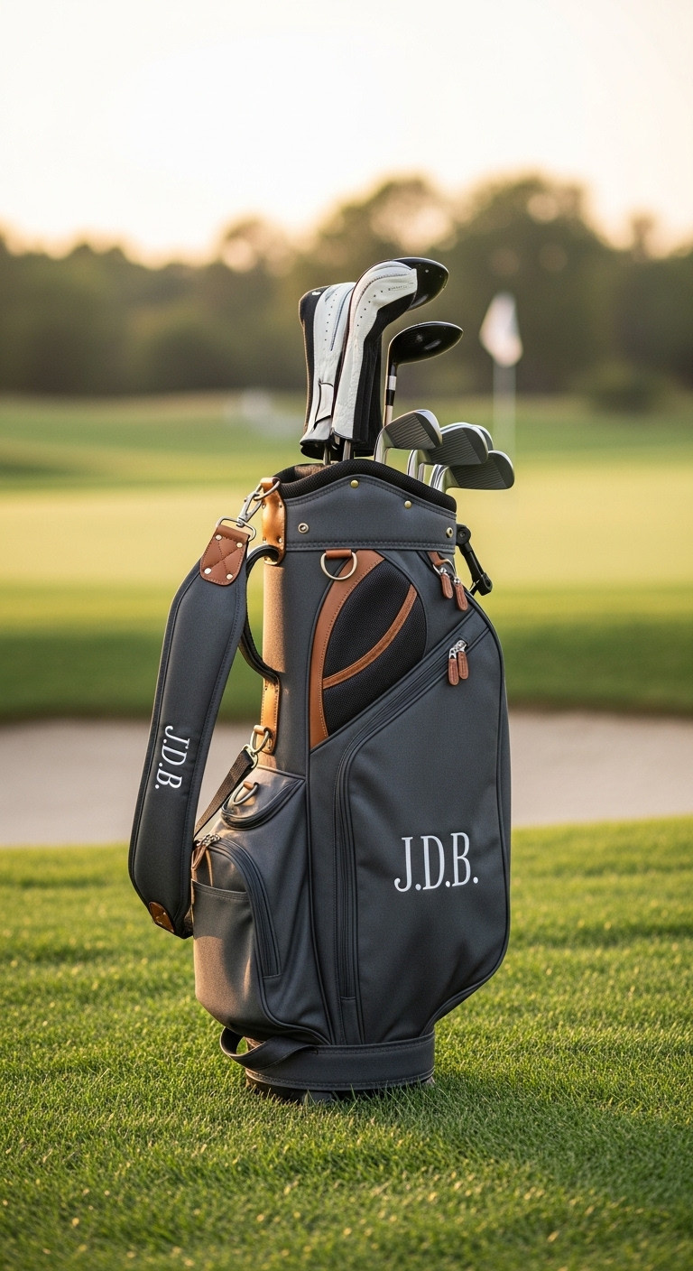 Charcoal Gray Sunday Golf Bag With Monogram And Leather Accents On A Golf Course