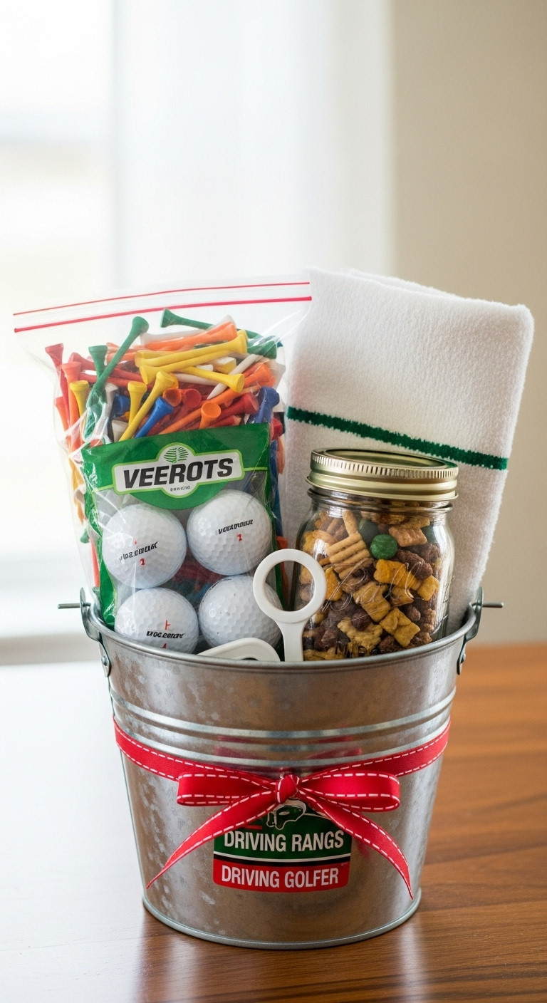 Charming Budget Friendly Diy Golf Gift Basket With Golf Balls Tees Towel Divot Tool And Homemade Snack Mix For Christmas