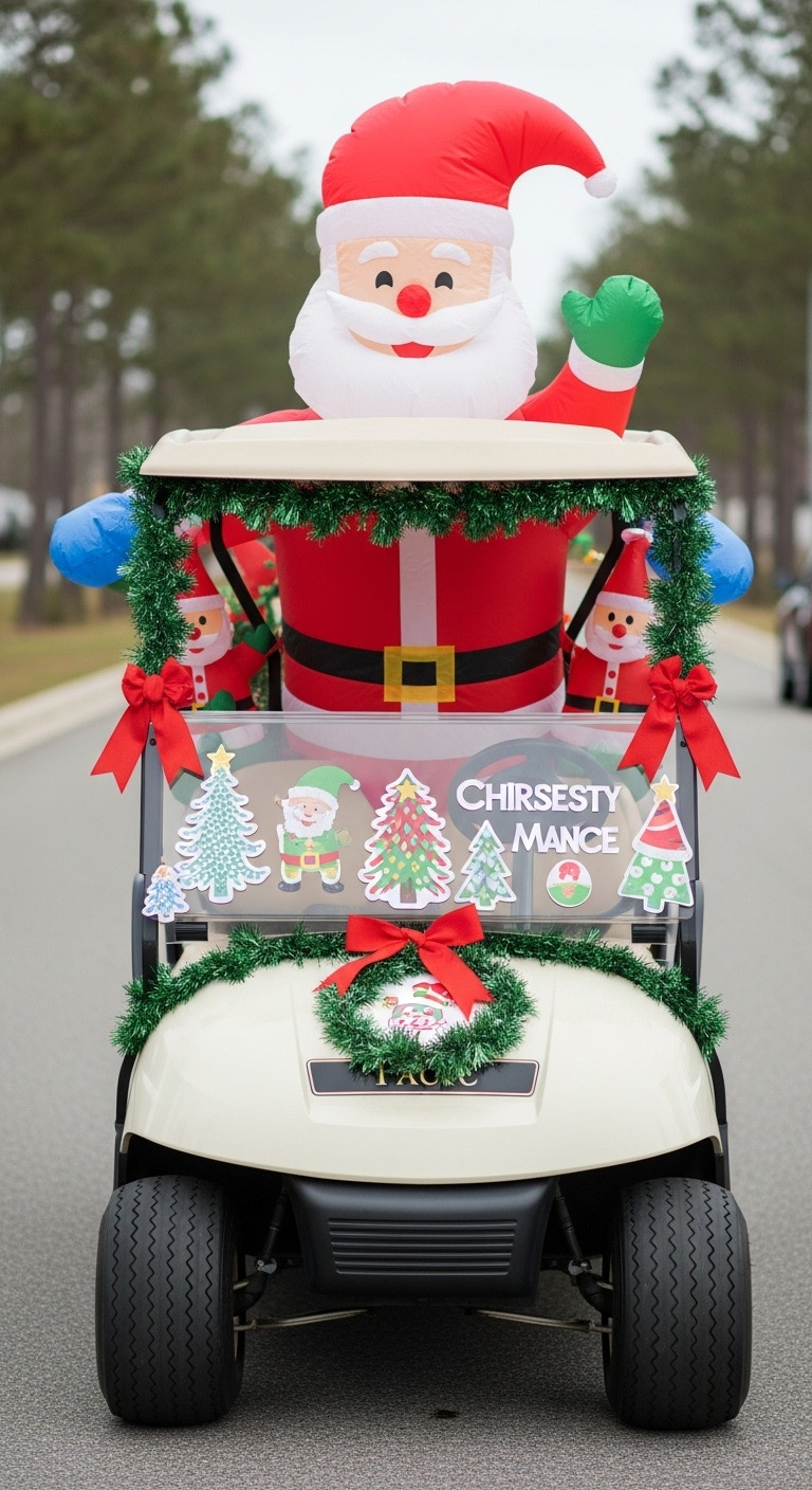 Cheerful Inflatable Santa Claus Figure Waving In The Passenger Seat Of A Decorated Golf Cart