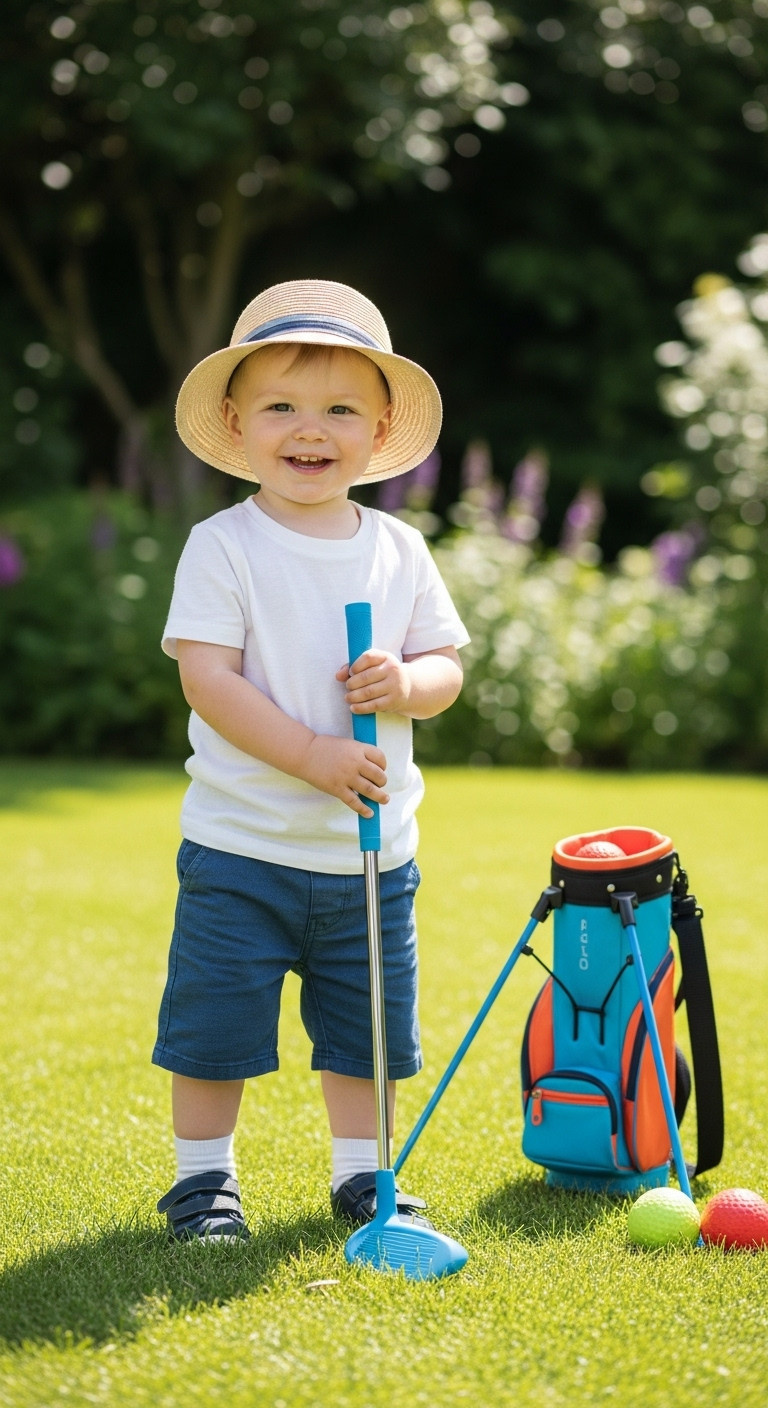 Cheerful Toddler Holding A Brightly Colored Golf Club On A Lush Green Lawn With A Blurred Garden Background And Golf Accessories