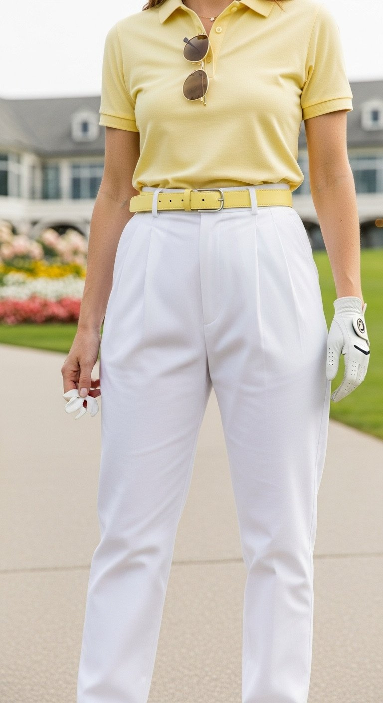 Chic 80S Golf Attire: Pleated White Trousers, Pastel Yellow Polo, Leather Belt, Classic Sunglasses, Golf Glove On Path.