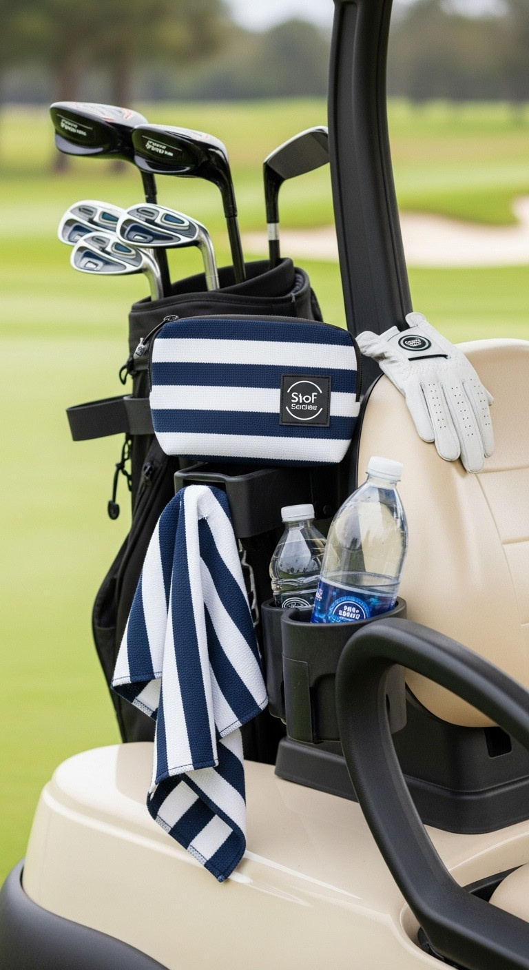 Chic Navy And White Stripe Magnetic Golf Towel And Matching Accessories Bag Attached To A Golf Cart On A Course