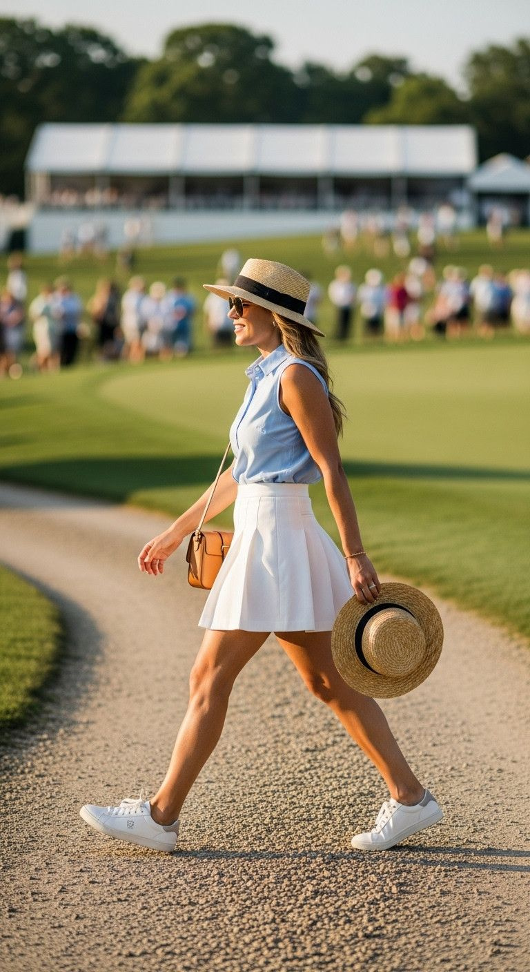 Chic Woman Mid-Walk In White Pleated Skort, Light Blue Sleeveless Blouse, Straw Hat, Sneakers On Golf Path. Golden Hour Fashion.