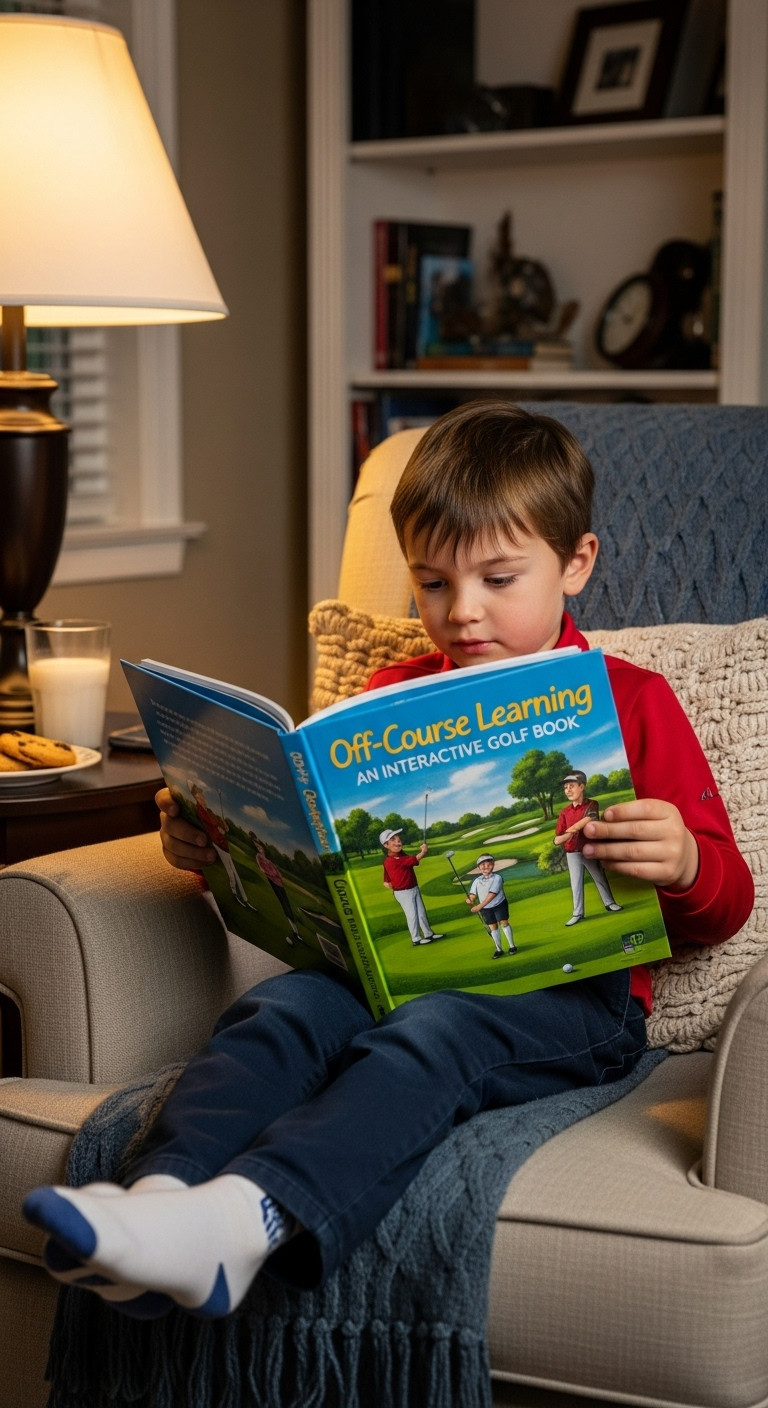 Child Reading An Interactive Golf Book In A Cozy Armchair With Milk And Cookies