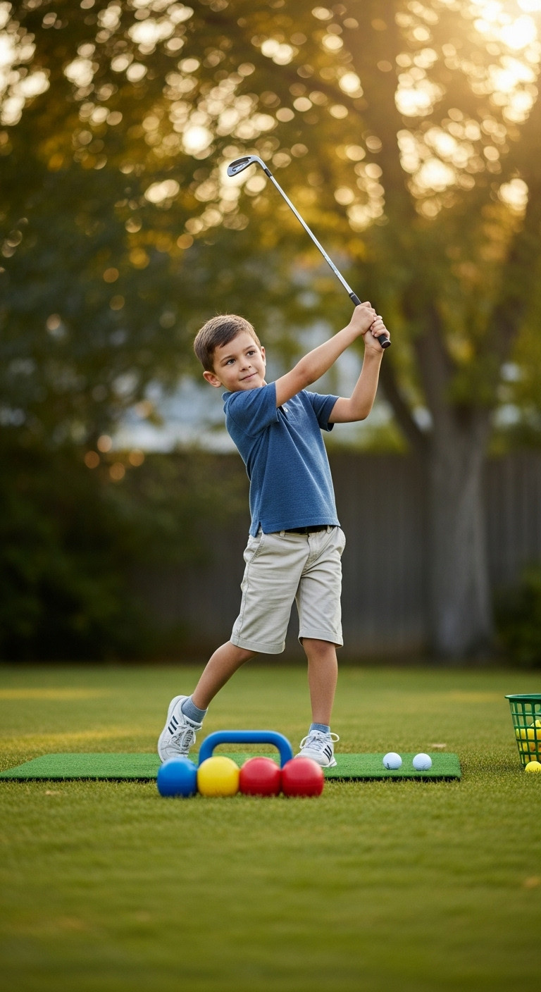 Child Swinging A Colorful Junior Golf Trainer In A Backyard With Practice Balls