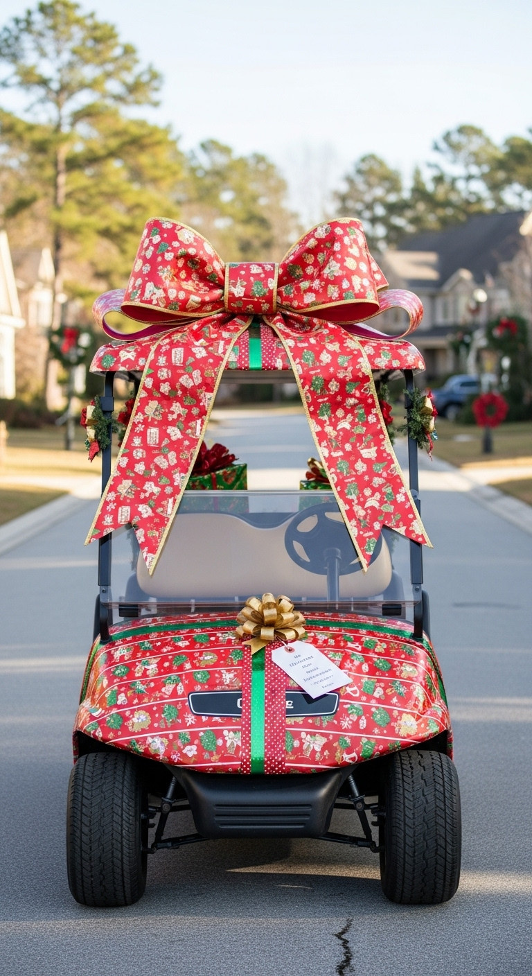 9 Dazzling Decorated Golf Cart Ideas For Christmas Parades Christmas Present Golf Cart Wrapped In Red And Gold Paper With An Enormous Bow And Gift Tag On A Festive Street
