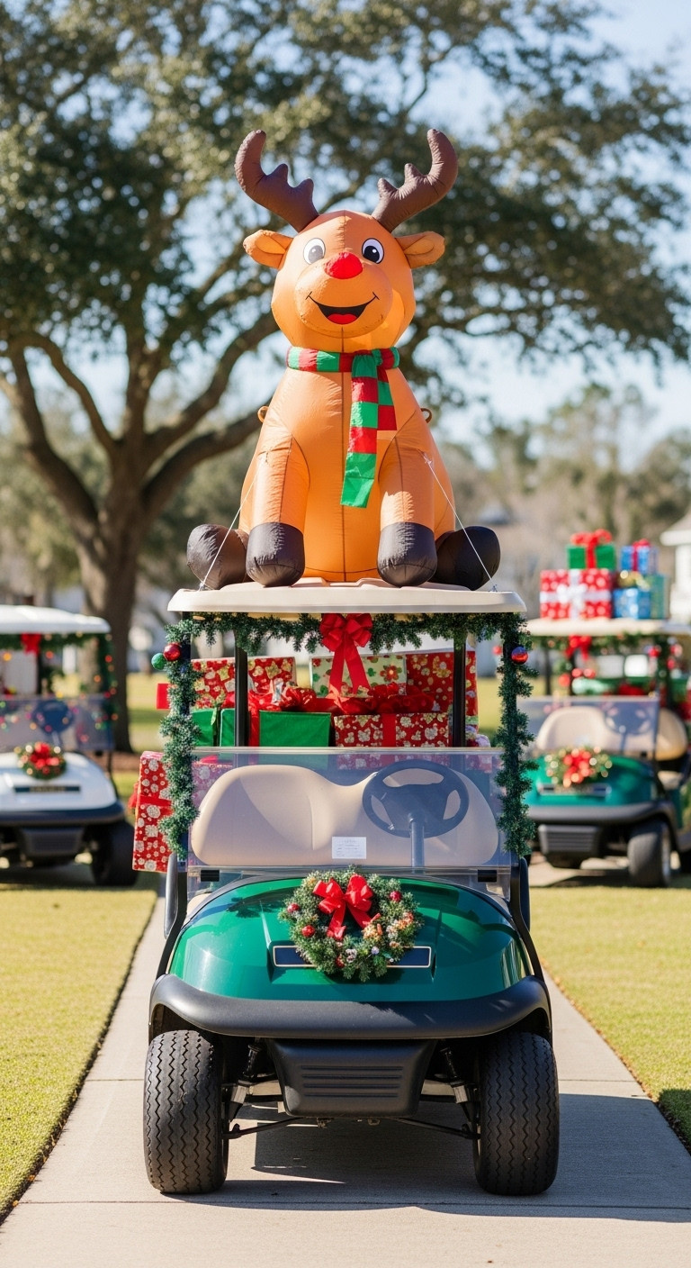 9 Brilliant Christmas Golf Cart Reindeer Decor Ideas Christmas Golf Cart Inflatable Reindeer Decor Quick Whimsical Holiday Decorations Festive Golf Cart Park Scene