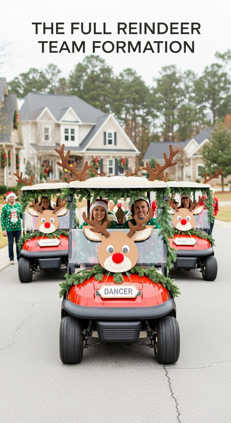 9 Brilliant Christmas Golf Cart Reindeer Decor Ideas Christmas Golf Cart Reindeer Team Parade Decorations Festive Community Event Holiday Carts Named Reindeer Antlers