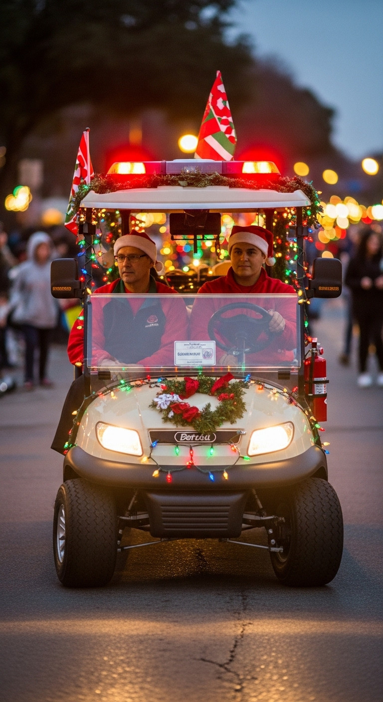 Decorate Your Golf Cart For Christmas With 7 Genius Ideas Christmas Golf Cart With Led Lights, Visible Safety Features, Reflective Tape, And Securely Fastened Decorations For A Festive Parade.
