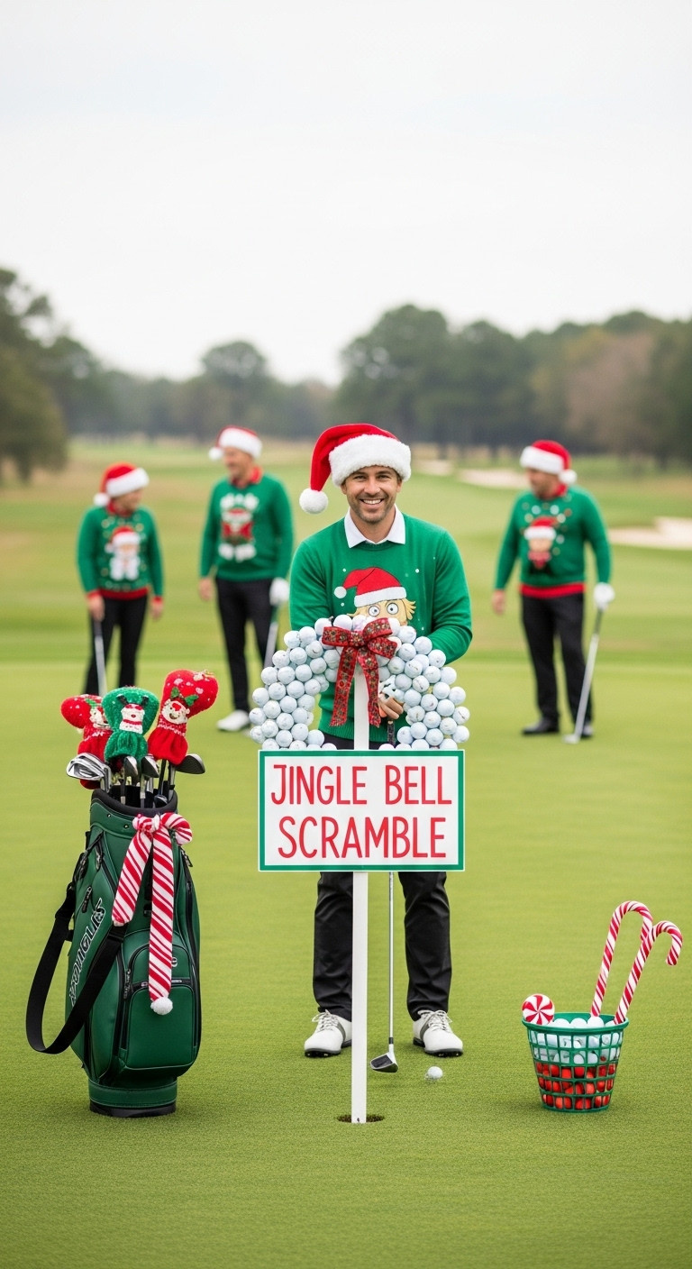 Christmas Golf Party Jingle Bell Scramble Golf Tournament Ideas Festive Tee Box Decorations Ugly Sweaters Holiday Fun Golf Course