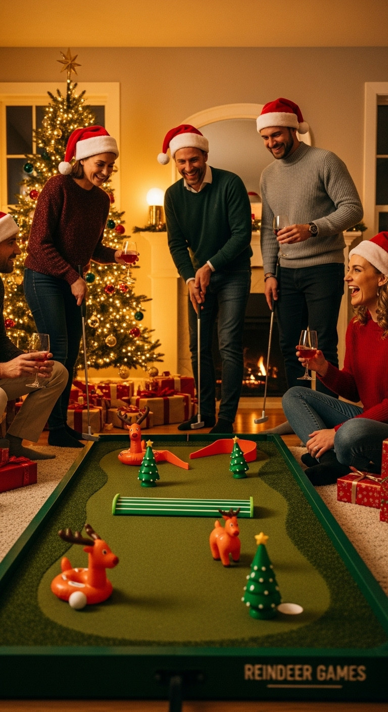 Christmas Golf Party Reindeer Games Putting Challenge Indoor Party Santa Hats Festive Obstacles Holiday Fun Living Room