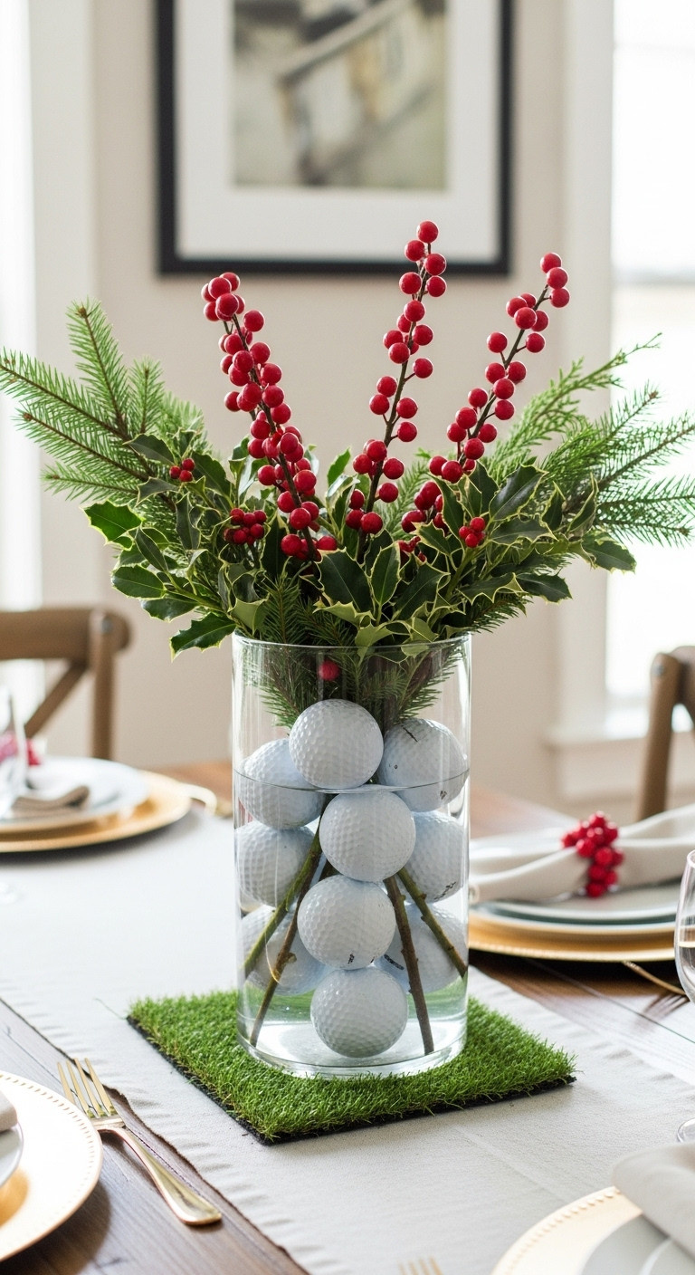 Christmas Golf Party Centerpiece Diy Masters Green Golf Ball Vase Holly Berries Evergreen Festive Table Decor Holiday Party