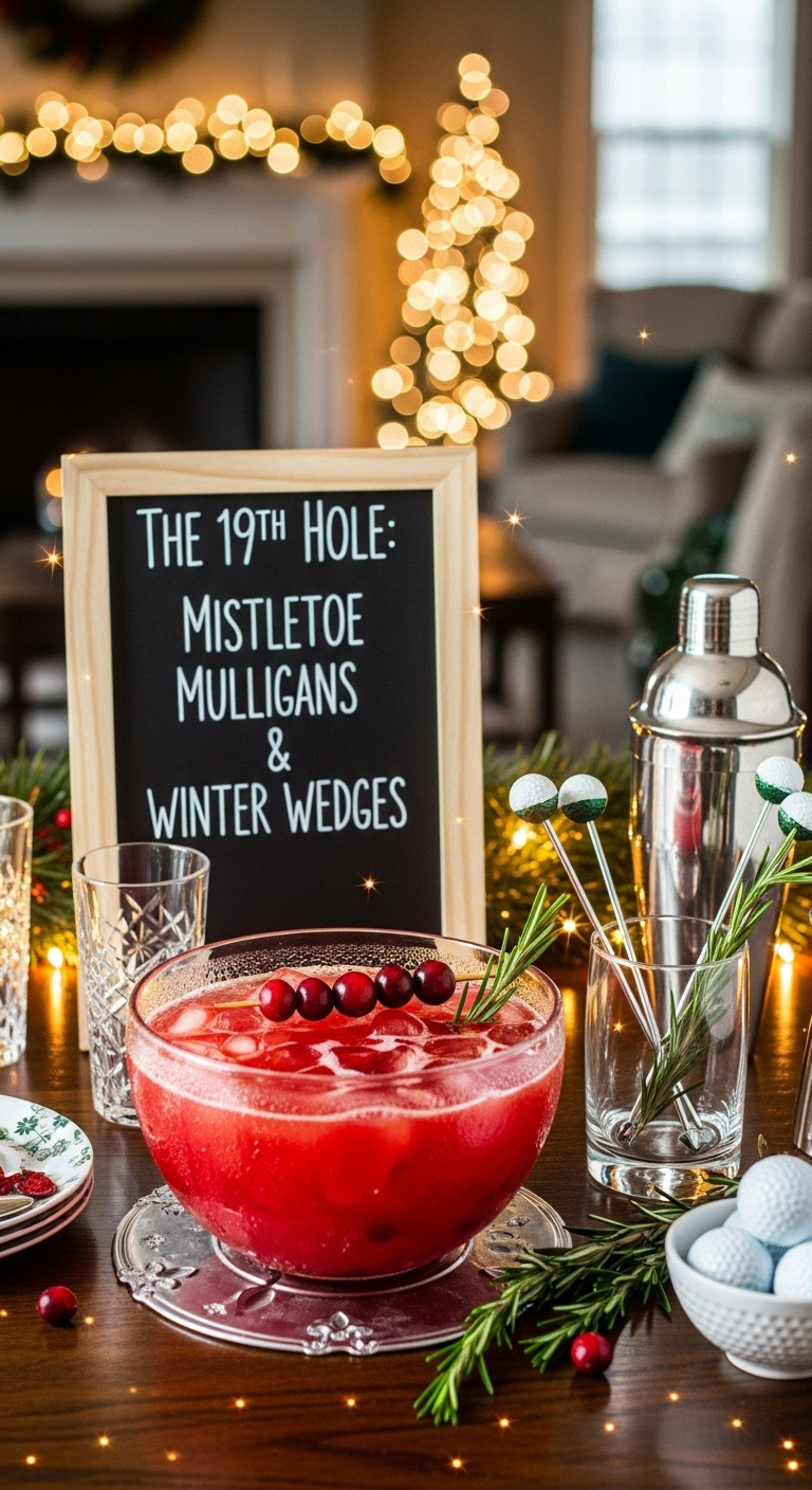 Christmas Golf Party Cocktail Bar Mistletoe Mulligans Drinks Festive Home Bar 19Th Hole Winter Wedges Golf Themed Cocktails