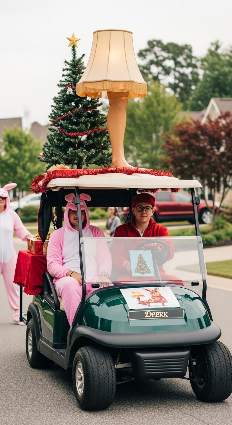 9 Genius Christmas In July Golf Cart Parade Ideas Christmas In July Golf Cart Parade Christmas Movie Marathon Tribute With A Leg Lamp And Pink Bunny Suit On A Suburban Street