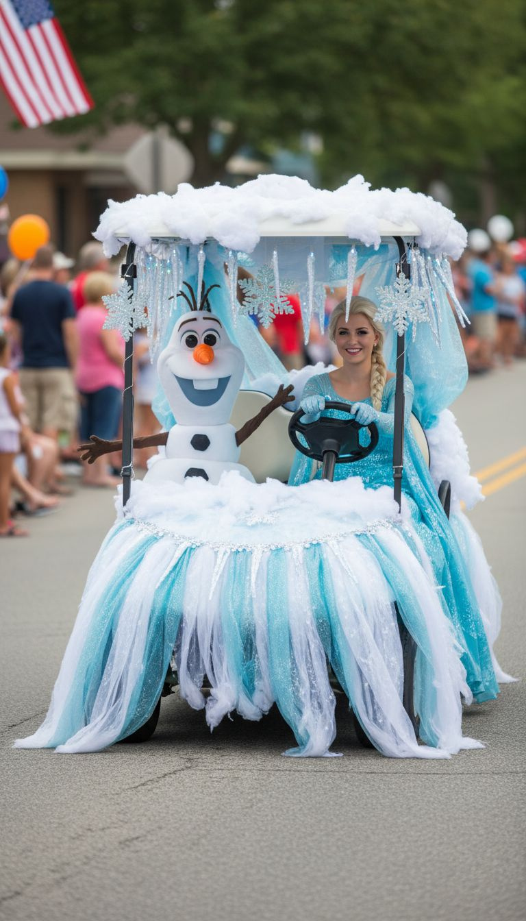 9 Genius Christmas In July Golf Cart Parade Ideas Christmas In July Golf Cart Parade Frozen Wonderland With Olaf And Elsa Covered In Snow And Icicle Lights In A Daytime Parade Setting