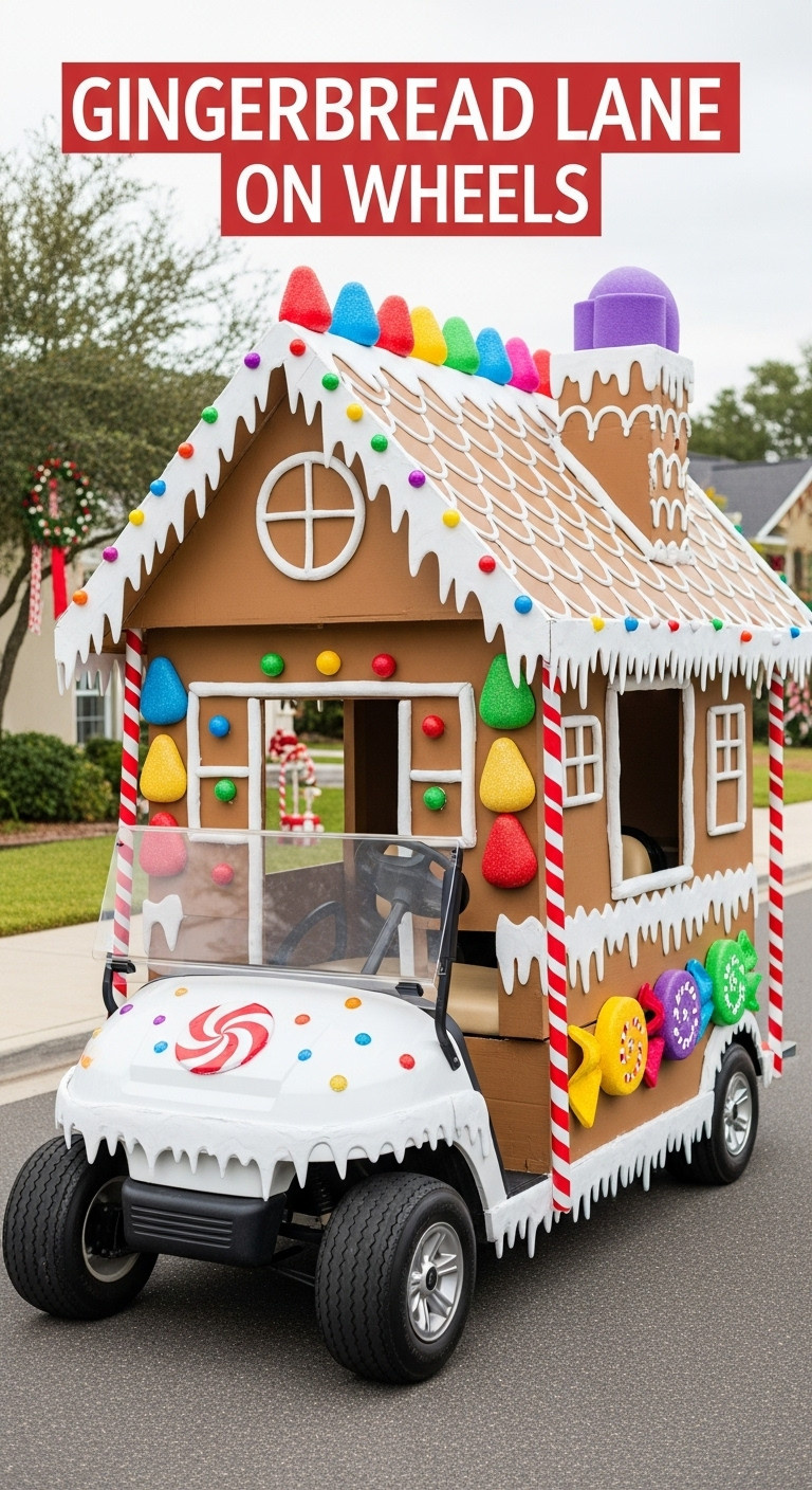 9 Genius Christmas In July Golf Cart Parade Ideas Christmas In July Golf Cart Parade Gingerbread Lane On Wheels With A Gingerbread House Design Candy And Icing Details On A Suburban Street