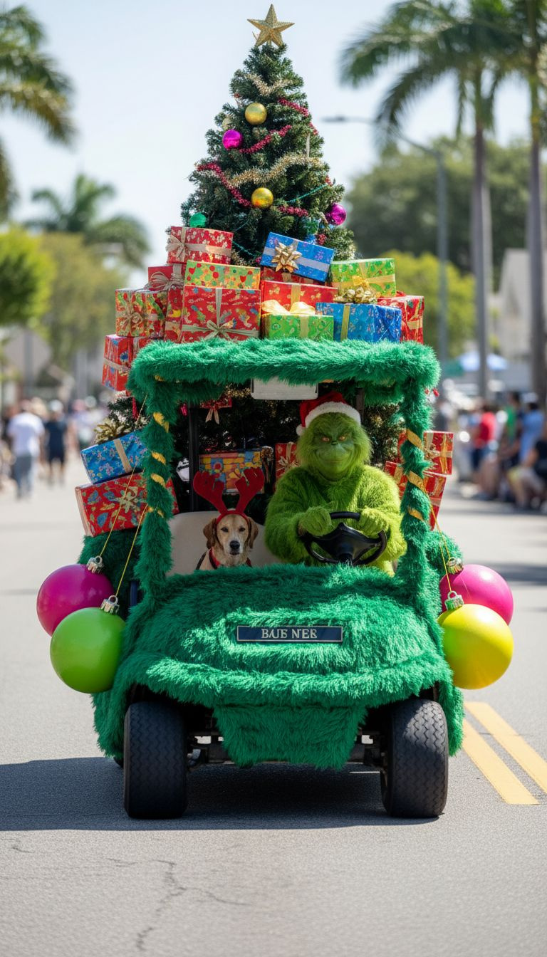 9 Genius Christmas In July Golf Cart Parade Ideas Christmas In July Golf Cart Parade Grinch Summer Heist With Green Fur Gifts And A Grinch Driver In A Sunny Parade Setting