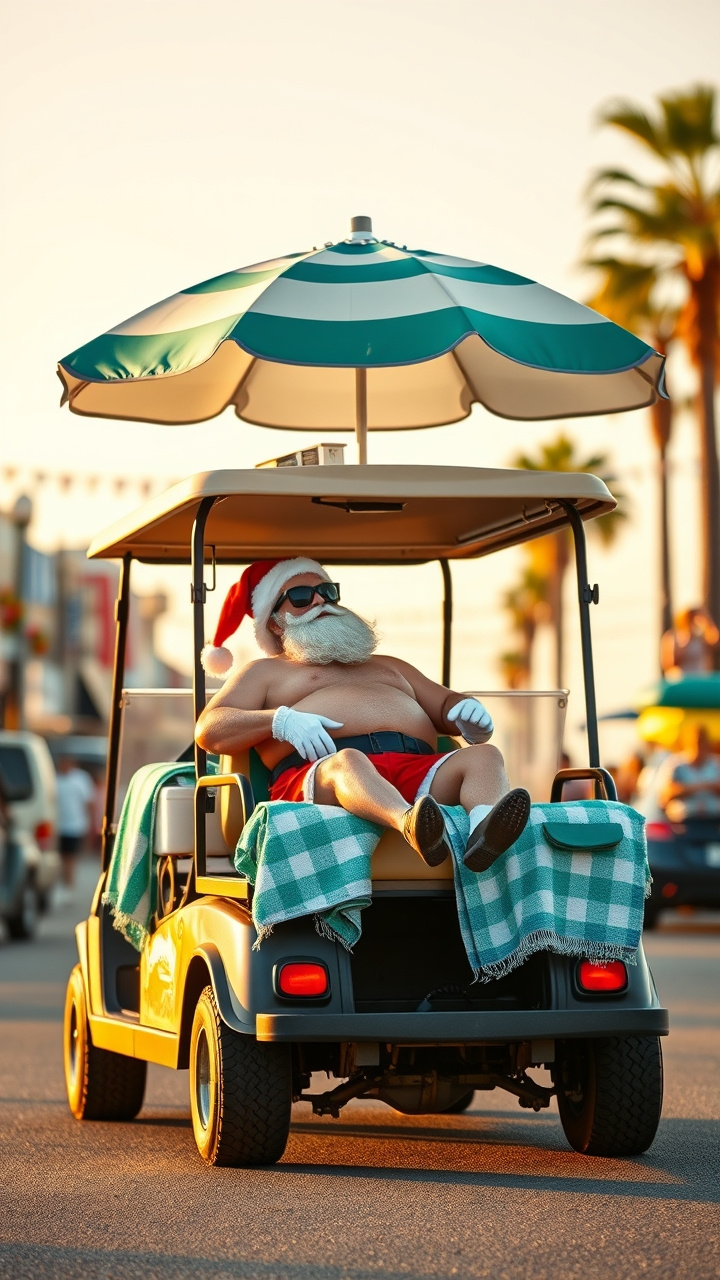 9 Genius Christmas In July Golf Cart Parade Ideas Christmas In July Golf Cart Parade North Pole Beach Party With Santa In Swim Trunks Beach Umbrella And Elves On A Sunny Beach Town Street