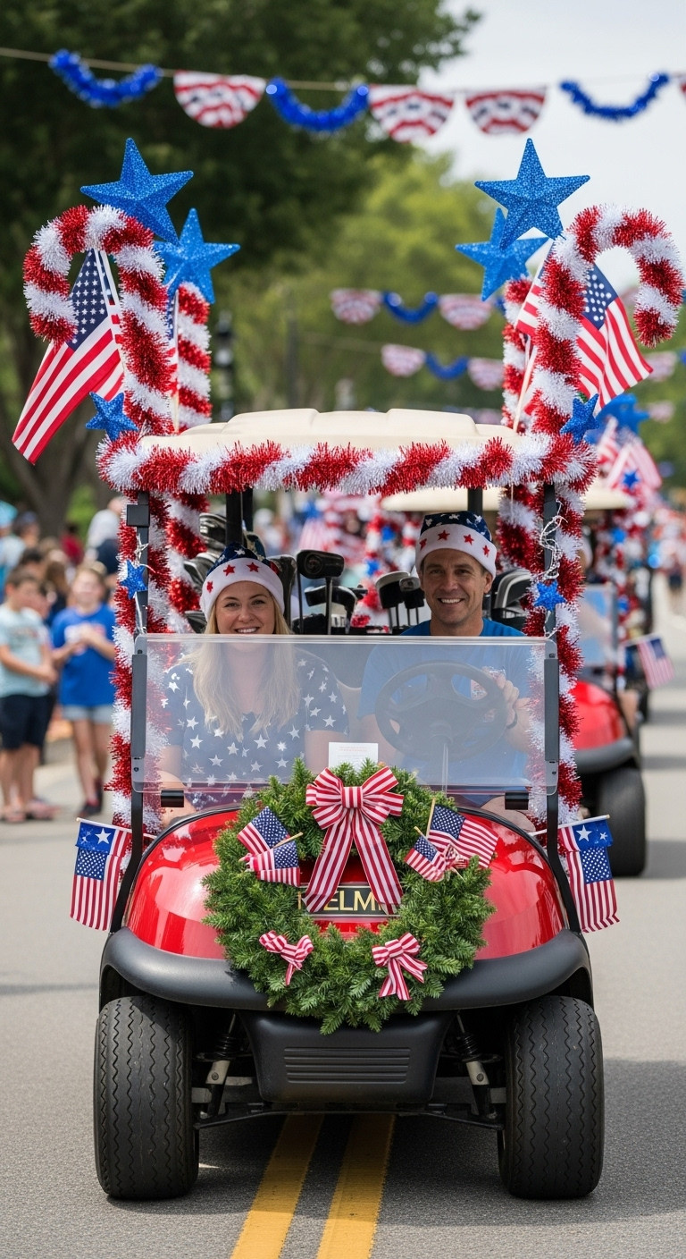 9 Genius Christmas In July Golf Cart Parade Ideas Christmas In July Golf Cart Parade Patriotic Fusion With Red White Blue Decor Flags And Tinsel In A Community Parade During Daylight