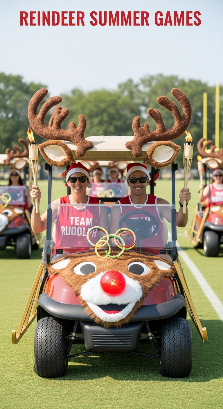 9 Genius Christmas In July Golf Cart Parade Ideas Christmas In July Golf Cart Parade Reindeer Summer Games With Rudolph Antlers Red Nose And Team Jerseys On A Grassy Field