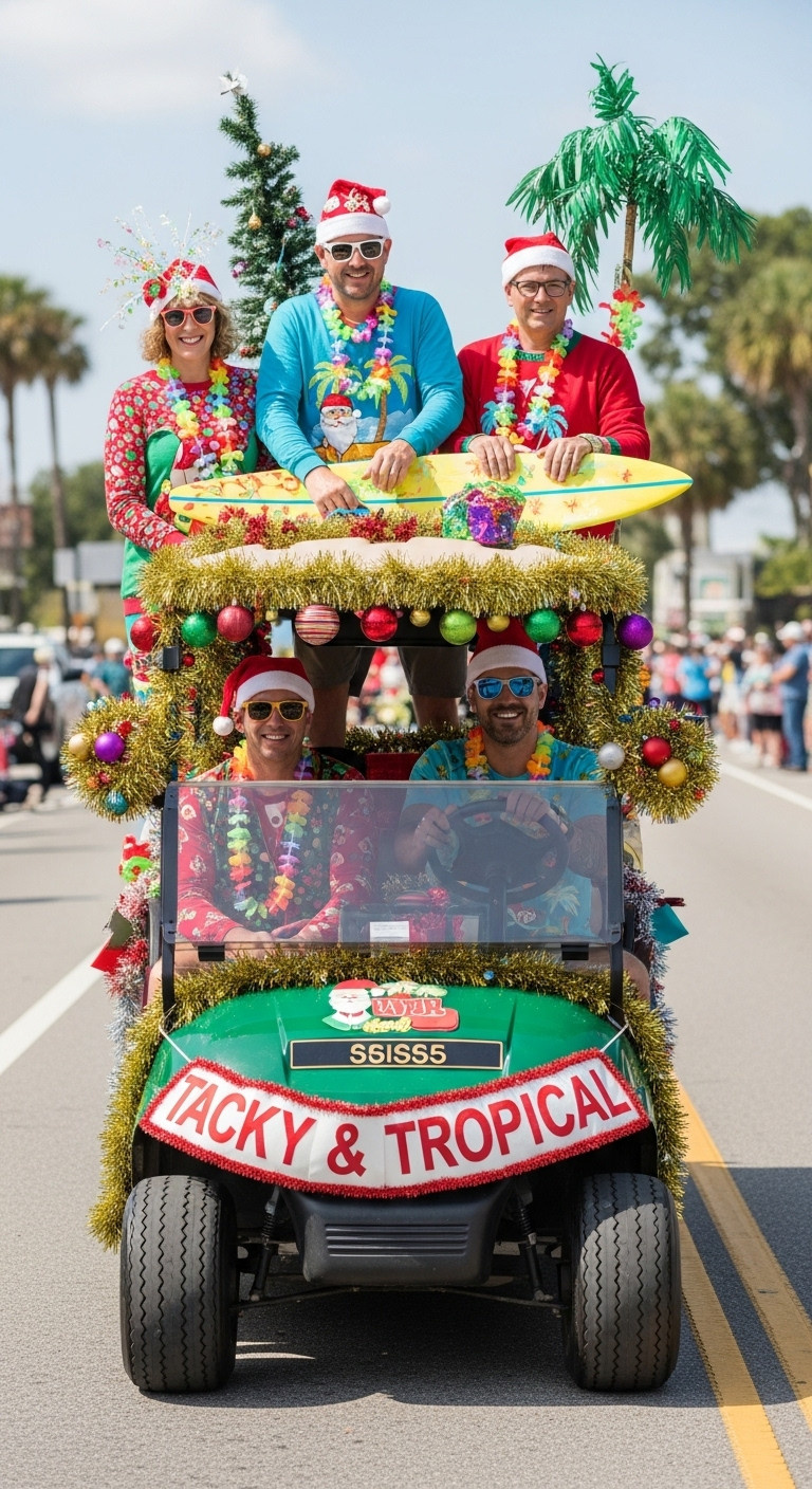 9 Genius Christmas In July Golf Cart Parade Ideas Christmas In July Golf Cart Parade Tacky Tropical Ugly Sweater With Clashing Decor And Riders In Outlandish Sweaters During Daylight