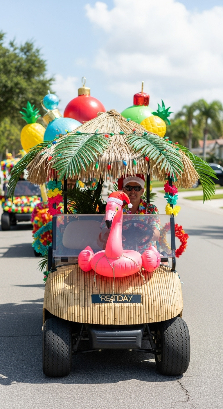 9 Genius Christmas In July Golf Cart Parade Ideas Christmas In July Golf Cart Parade Tropical Santa Workshop With Flamingo And Festive Lights On A Residential Street In Daylight