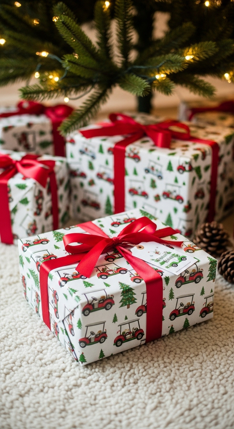 Christmas Present Wrapped In Custom Golf Cart And Christmas Tree Patterned Paper Under A Tree