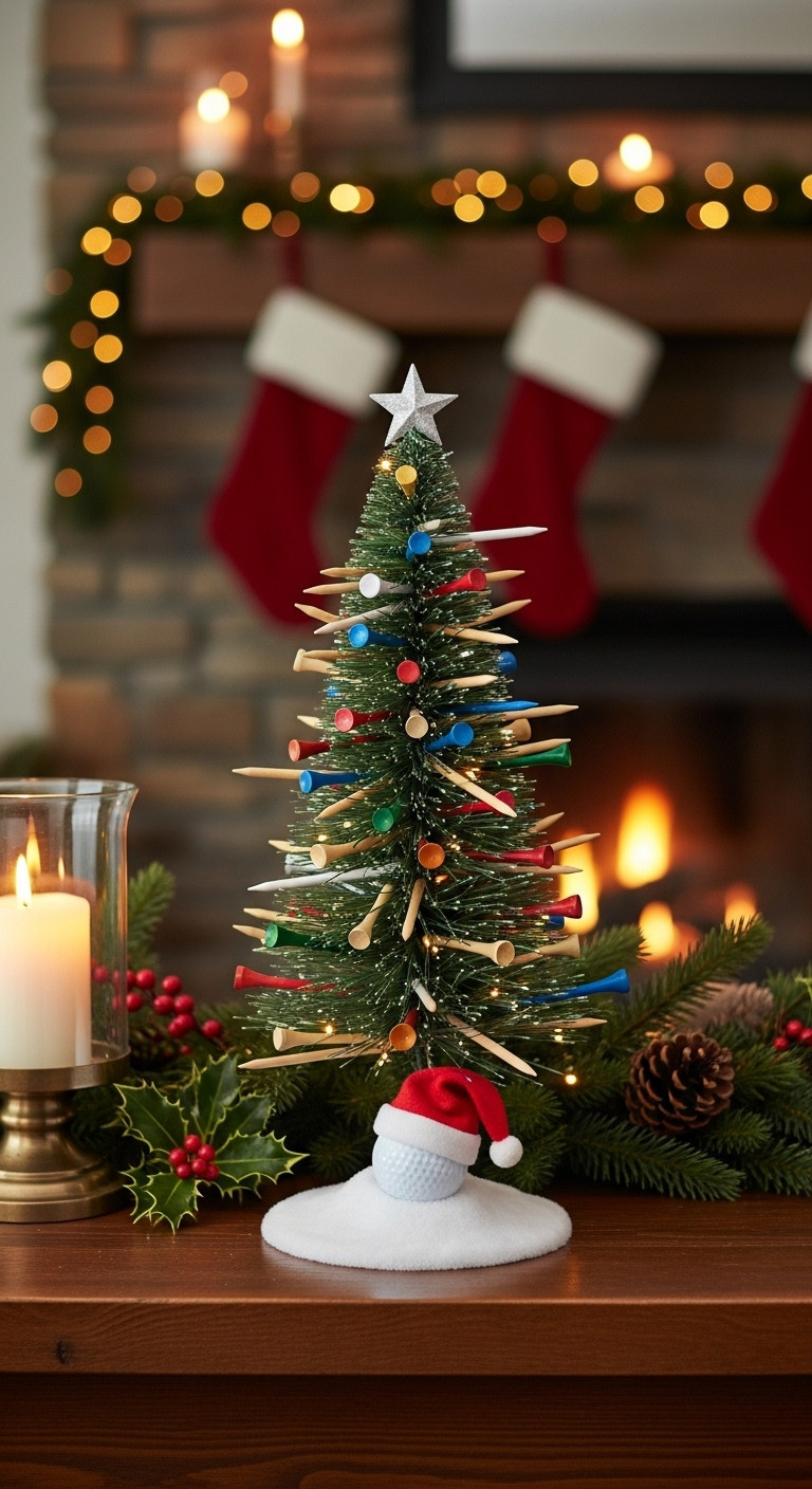 Christmas Tree Decorated With Colorful Golf Tees And A Santa Hat Golf Ball On A Cozy Fireplace Mantel