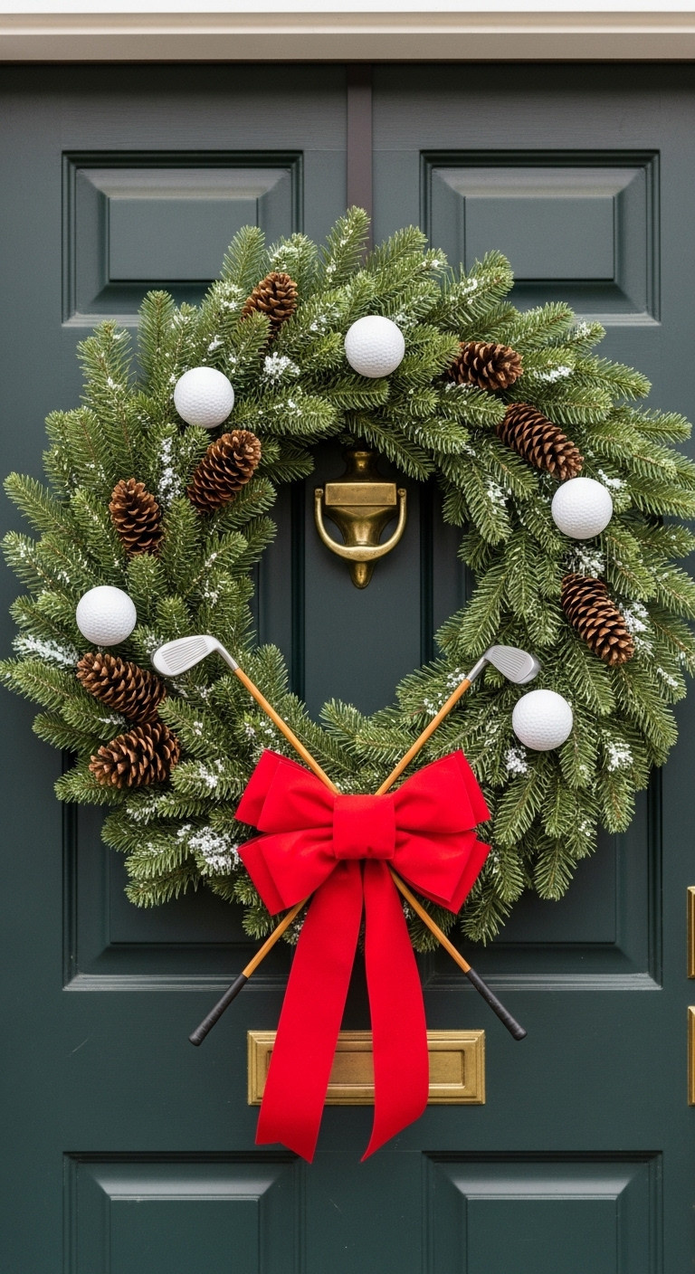 Christmas Wreath With Golf Balls And Miniature Clubs Hanging On A Dark Green Front Door