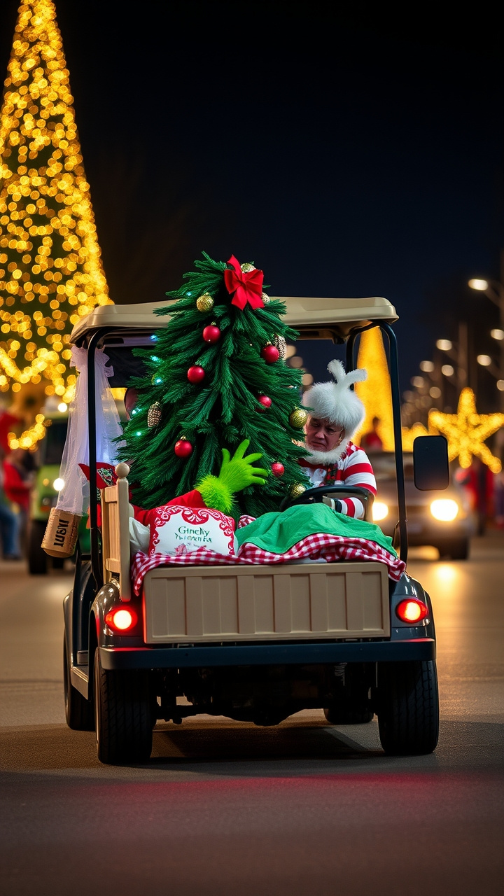 Cindy Lou Who'S Christmas Surprise Golf Cart Decorated Like A Whoville Bedroom With Grinch Stealing An Ornament And Cindy Lou Who