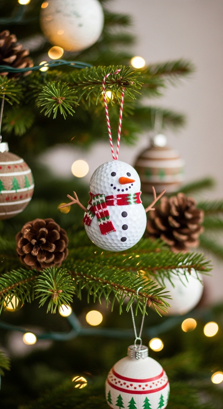 Classic Christmas Golf Ball Snowman Ornament Hanging On A Festive Tree Branch With Lights And Rustic Decor In A Cozy Setting