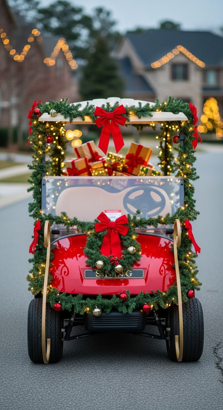 13 Stunning Golf Cart Decorating Ideas For Christmas Parades Classic Christmas Sleigh Golf Cart With Green Garlands Red Bows And Warm White Lights On A Street At Dusk For A Parade