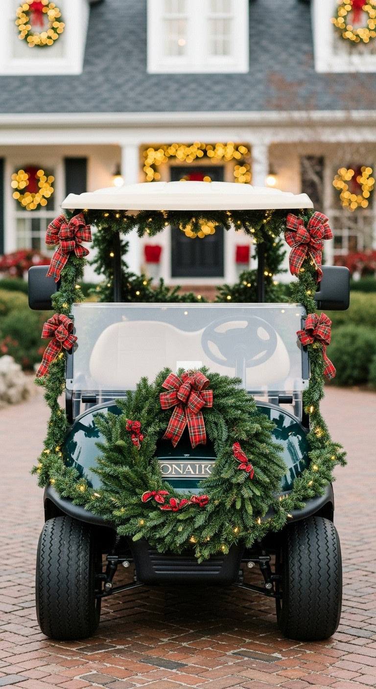 9 Dazzling Decorated Golf Cart Ideas For Christmas Parades Classic Christmas Golf Cart With Green Garlands Plaid Ribbons A Large Wreath And Warm White Lights On A Driveway