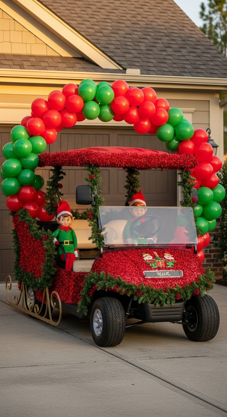 Classic Red And Green Elf Sleigh Golf Cart With Balloon Arch Elf Figures And Evergreen Garlands For Christmas