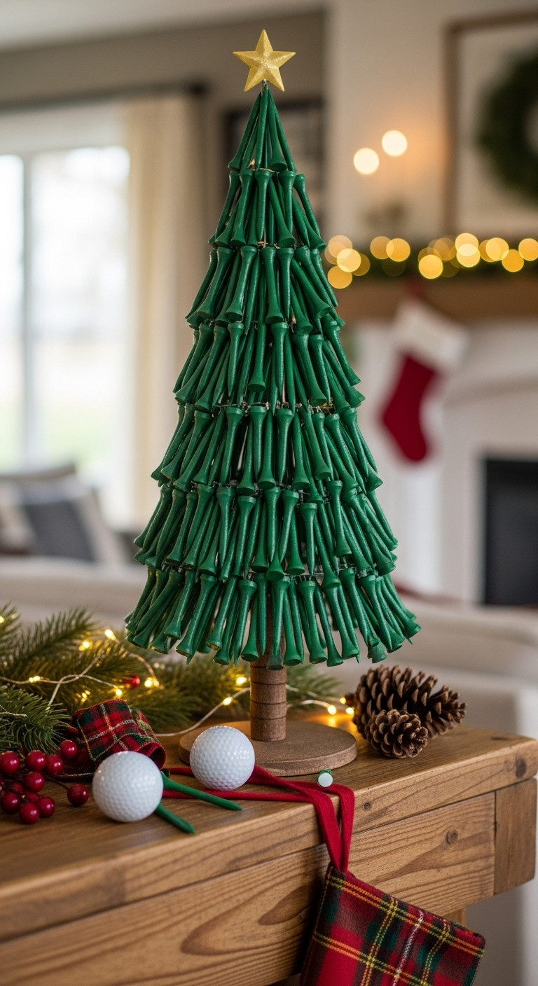 7 Creative Golf Tee Christmas Tree Ideas To Diy This Season Classic Green Fairway Golf Tee Christmas Tree Diy Holiday Decor Mantelpiece Festive Golf Themed Craft