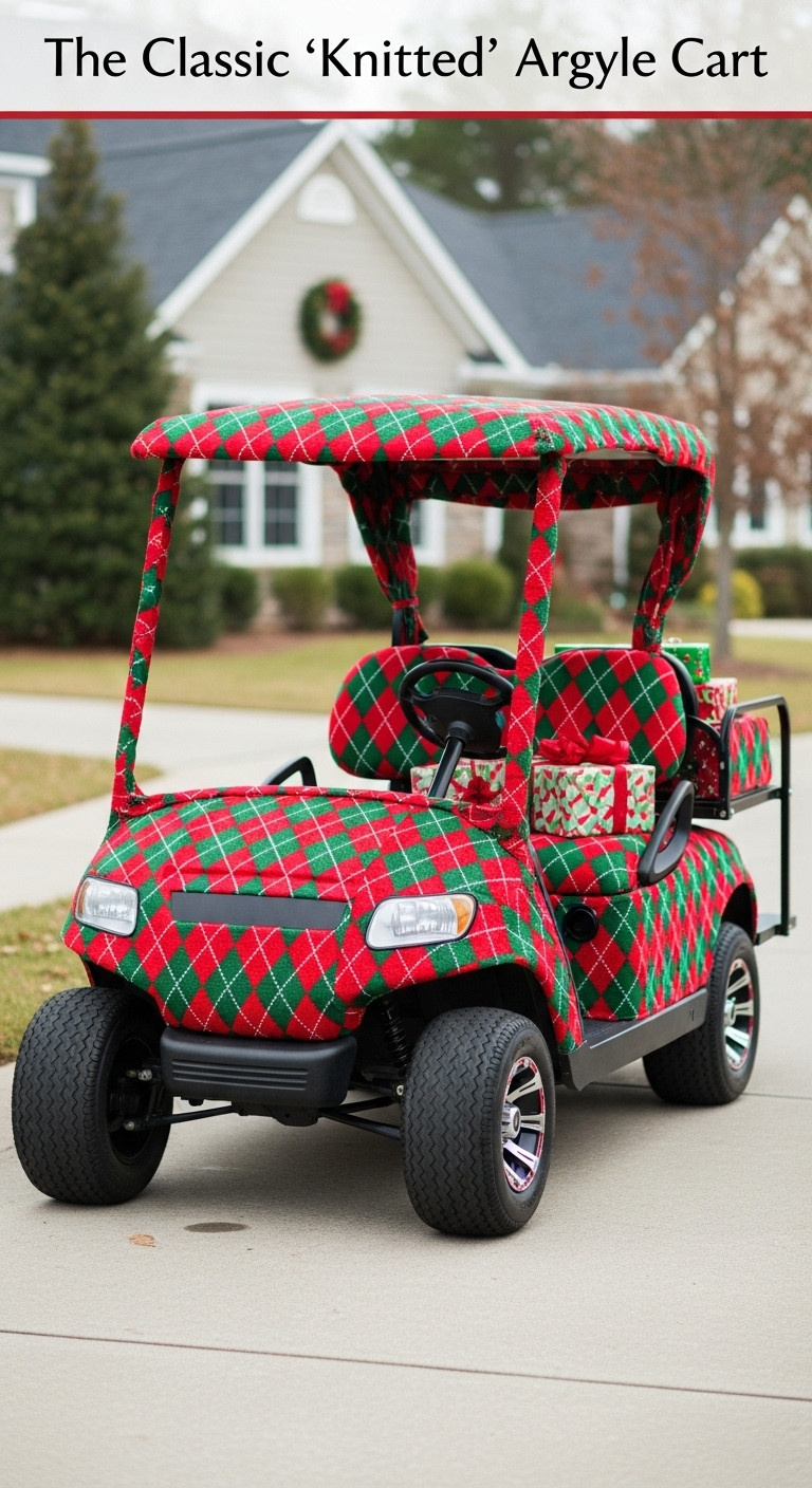 Classic Knitted Argyle Golf Cart Ugly Christmas Sweater Decor Festive Holiday Parade Unique Golf Cart Design