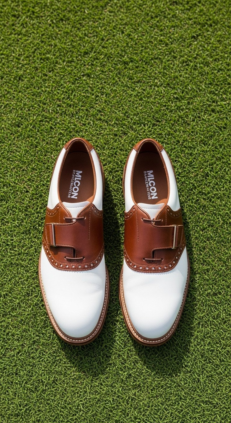 Classic Two-Tone Saddle Golf Shoes: White Leather, Brown 'Saddle', Soft Spikes. On Freshly Cut Fairway. Timeless Golf Footwear.