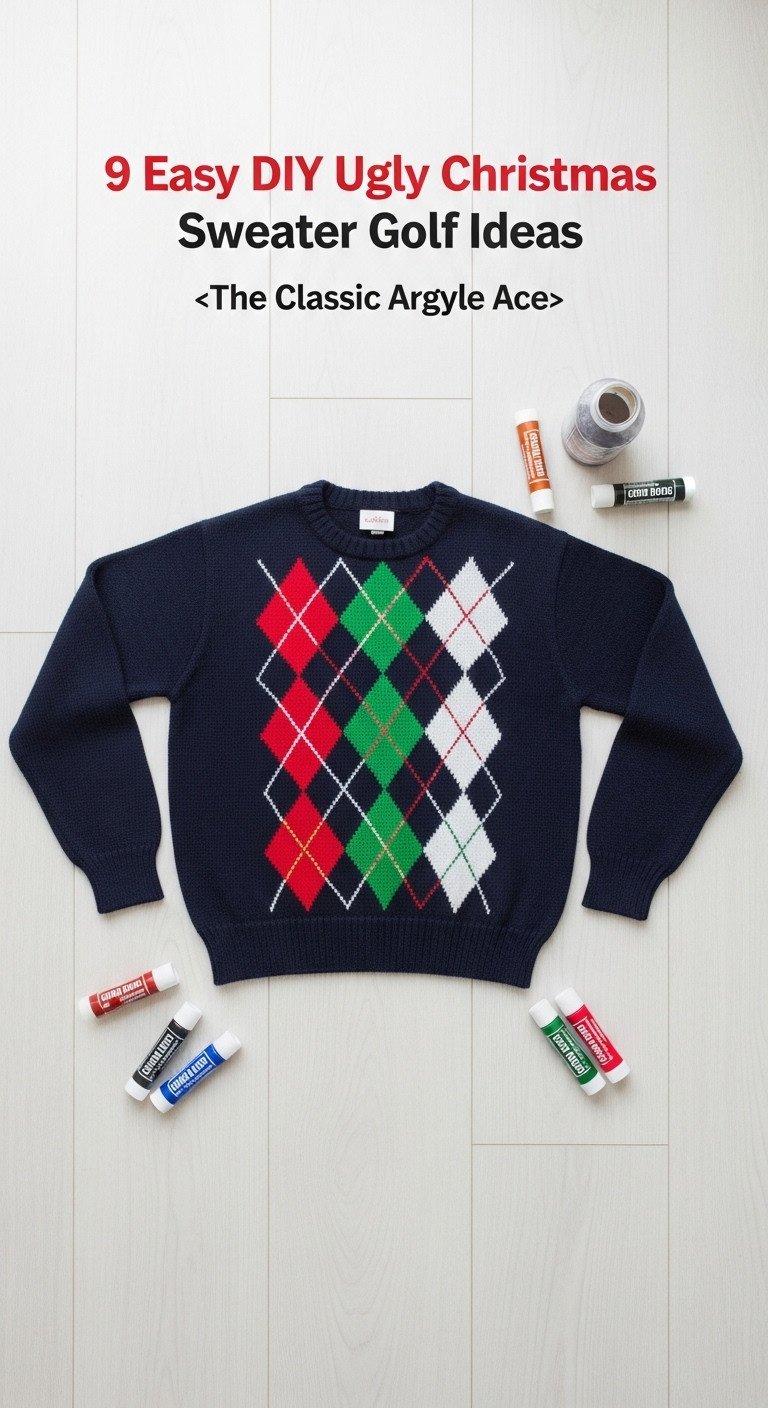 Classic Ugly Christmas Sweater With A Handmade Argyle Pattern In Red Green And White Felt And Glitter