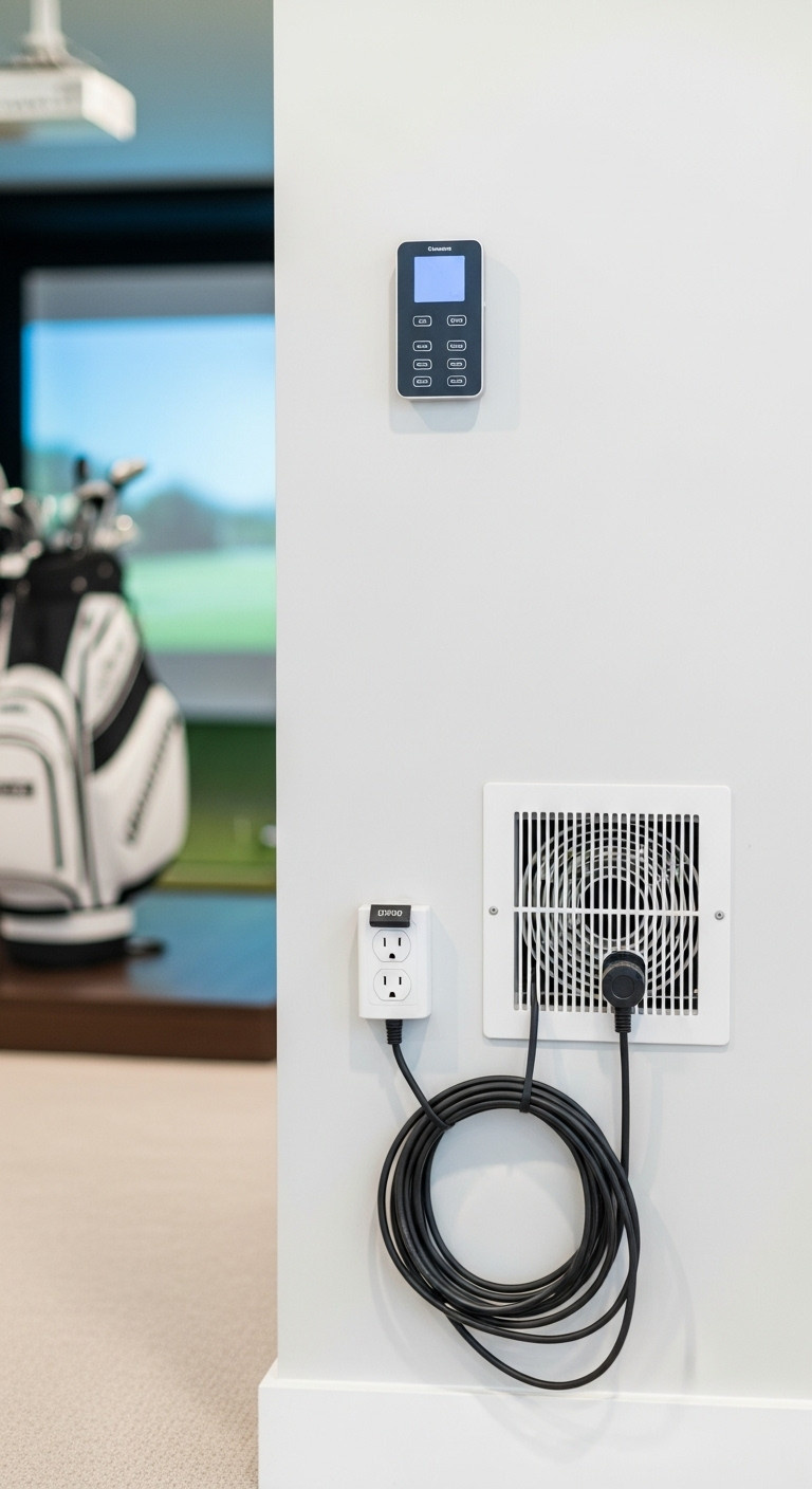 Create Your Perfect Golf Simulator Man Cave Expert Design Build Clean Electrical Panel And Discreet Hvac Vent In A Golf Simulator Room, Showcasing Professional And Safe Home Golf Infrastructure.