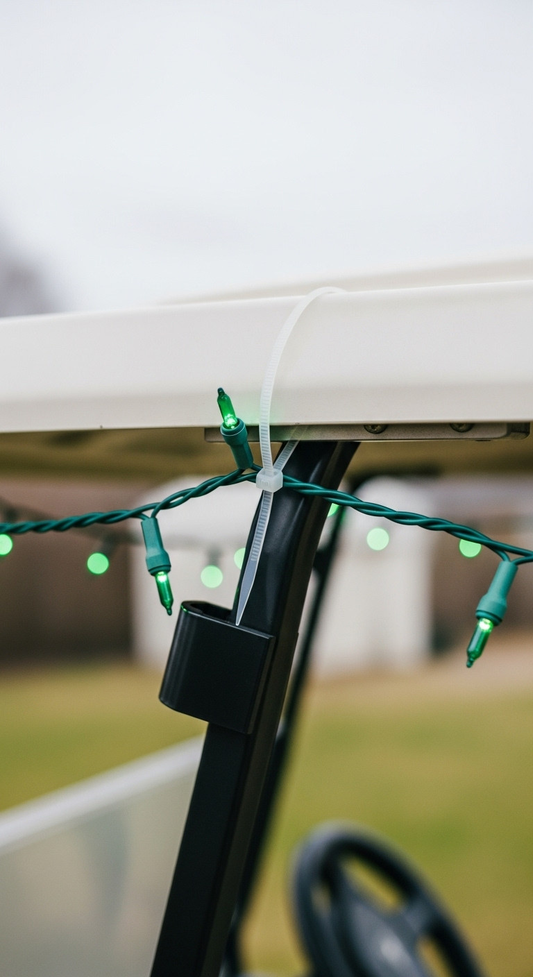 Clear Outdoor Uv Resistant Zip Tie Neatly Securing Glowing Green Christmas Lights To A Golf Cart Roof Support