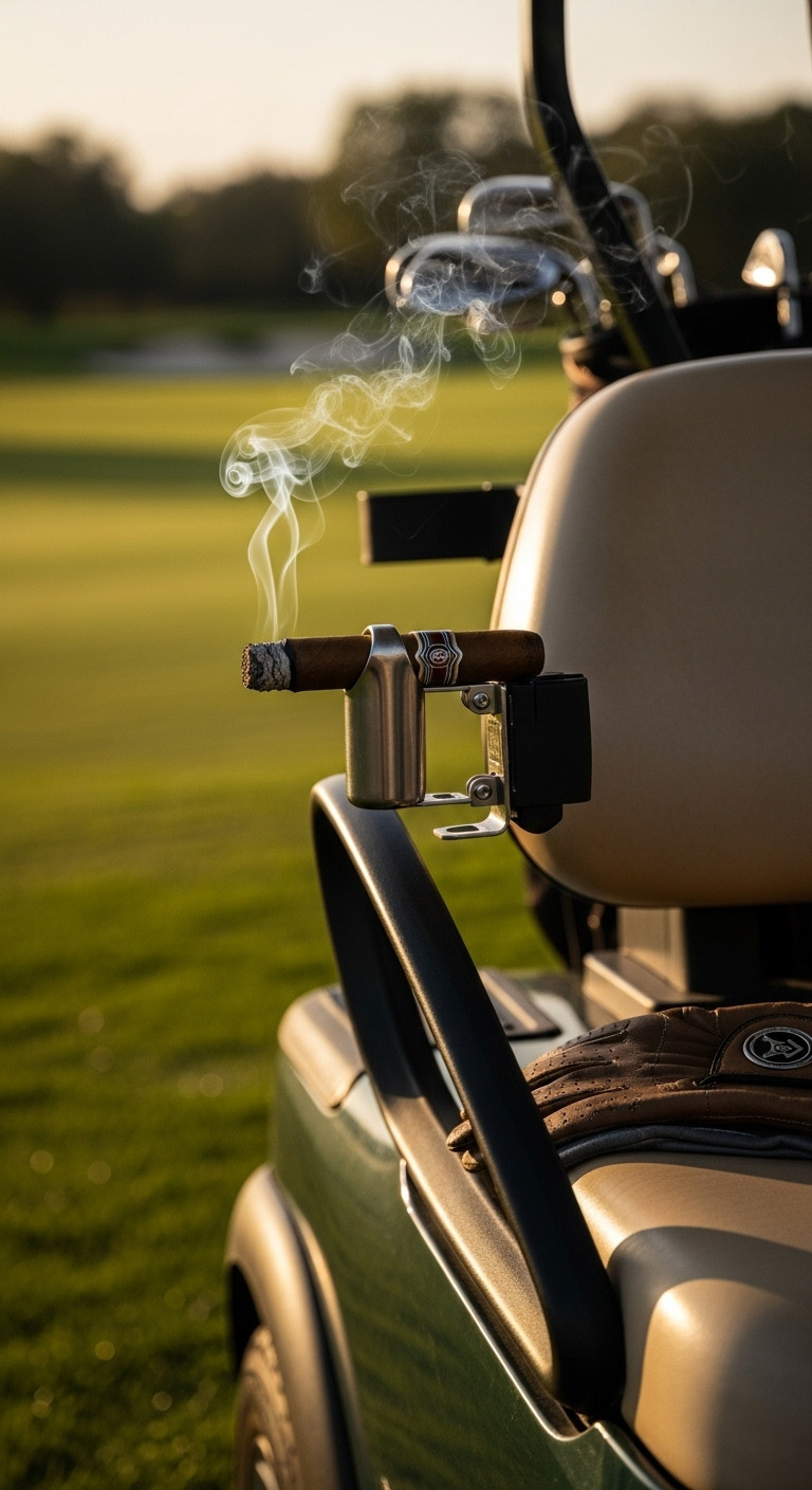 Clip-On Golf Cigar Holder With Lit Cigar Attached To Golf Cart Frame