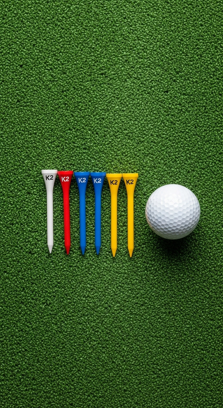 Close Up Flat Lay Of Colorful Adjustable Golf Tees And A Golf Ball On A Green Hitting Mat