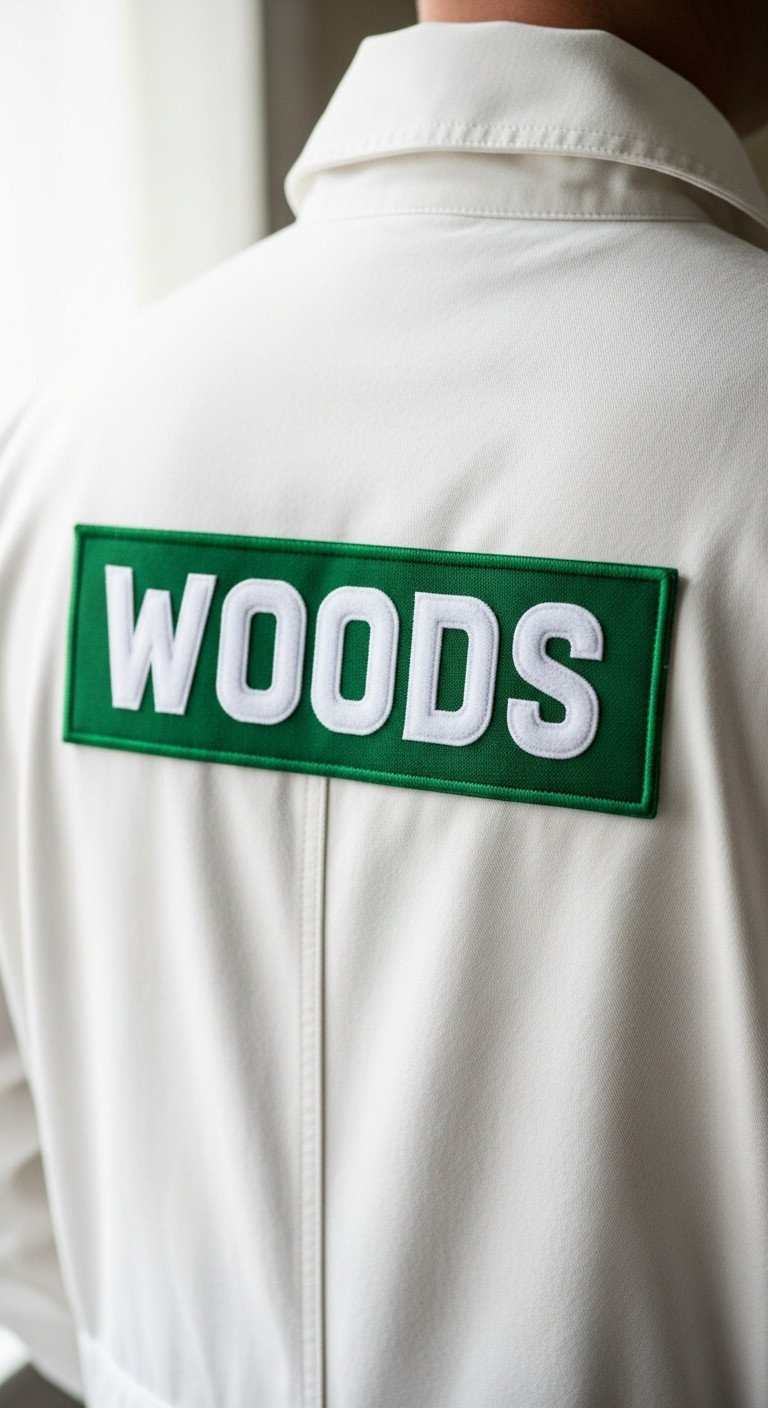 Golf Caddy Outfit Ideas A Complete Guide To Buy Or Diy Close-Up Of Diy Masters Caddy Costume Back: White Boiler Suit With Green 'Woods' Nameplate Patch.