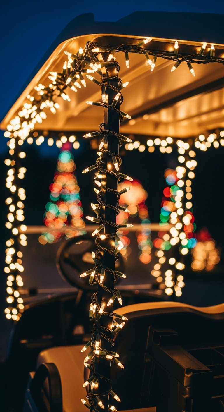 Close-Up Of A Golf Cart Roof Pillar Wrapped In Warm White Led Christmas Lights Glowing In The Dark