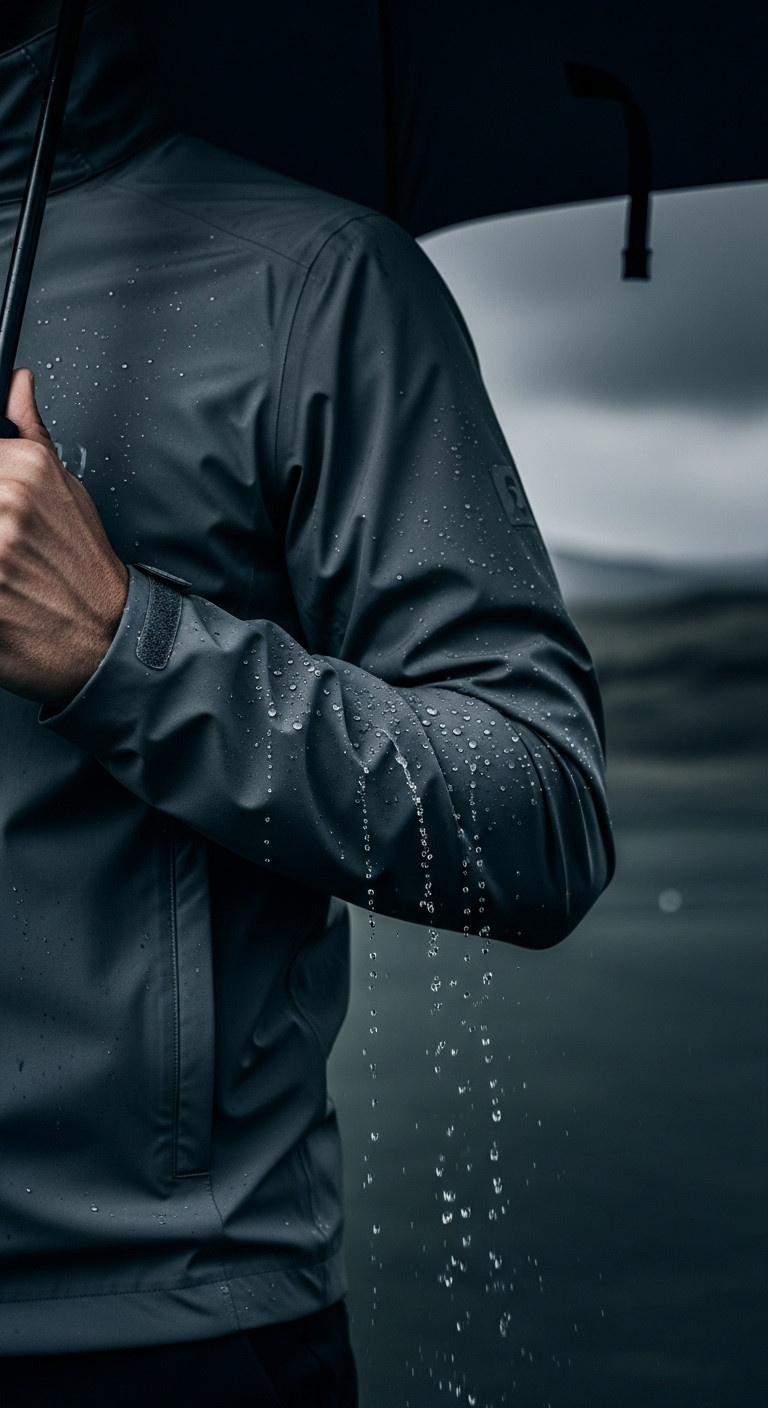 Close-Up Of A Man'S Slate Gray Technical Golf Rain Jacket With Beading Water, Holding An Umbrella On A Links Golf Course.