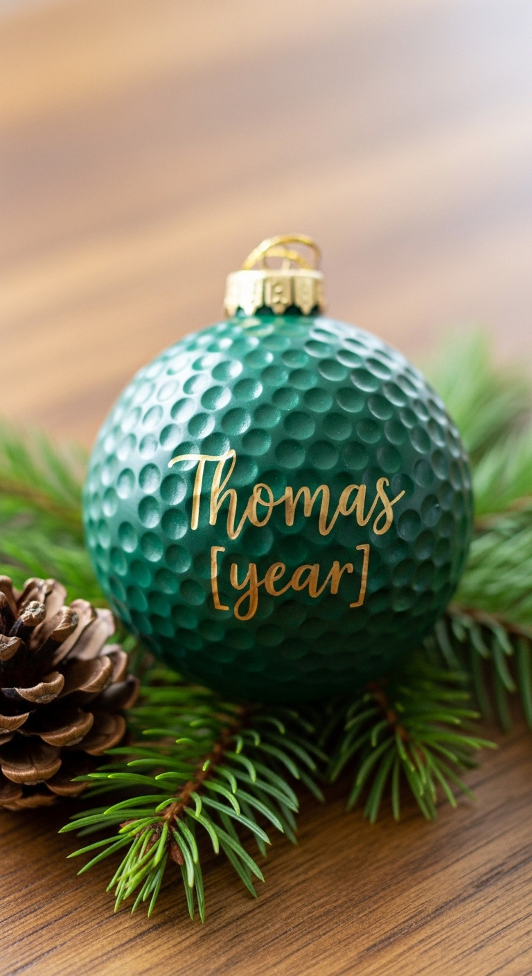 Close-Up Of A Personalized Forest Green Golf Ball Ornament With Gold Metallic Script Of Name And Year Resting On Pine Needles