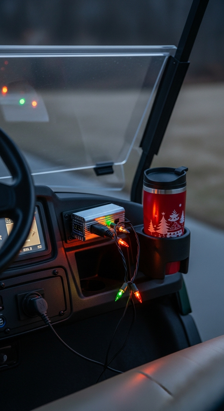 Close-Up Of A Power Inverter Plugged Into A Golf Cart'S 12V Socket Powering Multi-Colored Christmas Lights