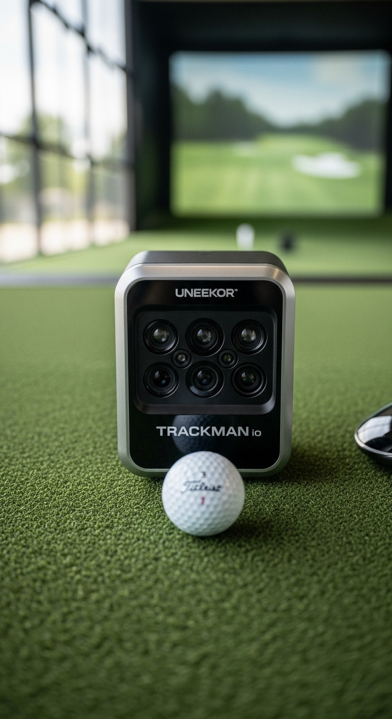 Close Up Of A Sleek Modern Golf Launch Monitor With A Golf Ball On A Green Hitting Mat