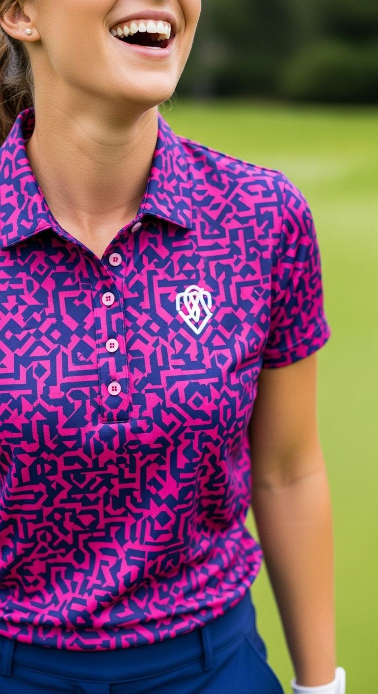 Close-Up Of A Woman Golfer'S Vibrant Patterned Golf Polo With Hot Pink And Navy Blue Geometric Design, Showcasing Fabric Texture.